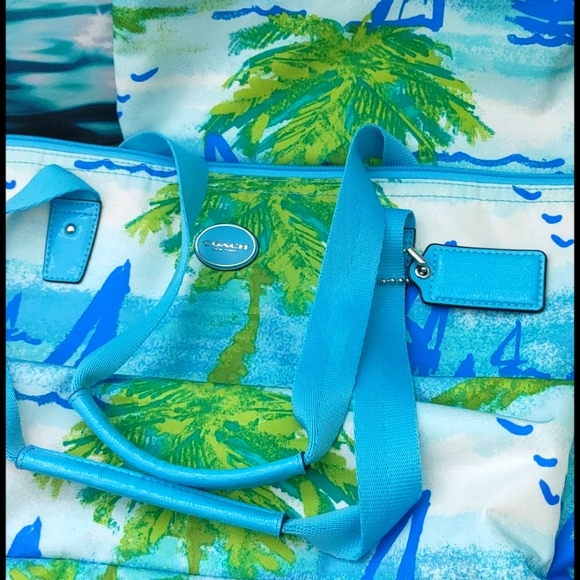 Coach Blue Nylon Purse Tote Beach Sailboat & Pouch - Picture 4 of 9